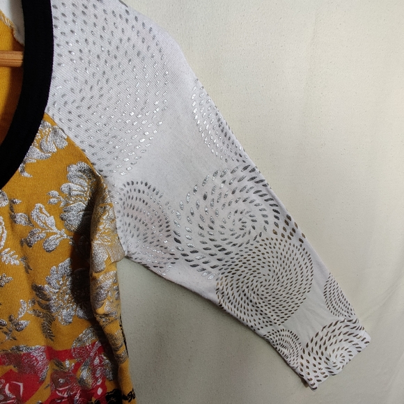 CUSTO BARCELONA White & Yellow Mid Sleeve Scoop Neck Traditional Design Shirt M - Picture 5 of 13